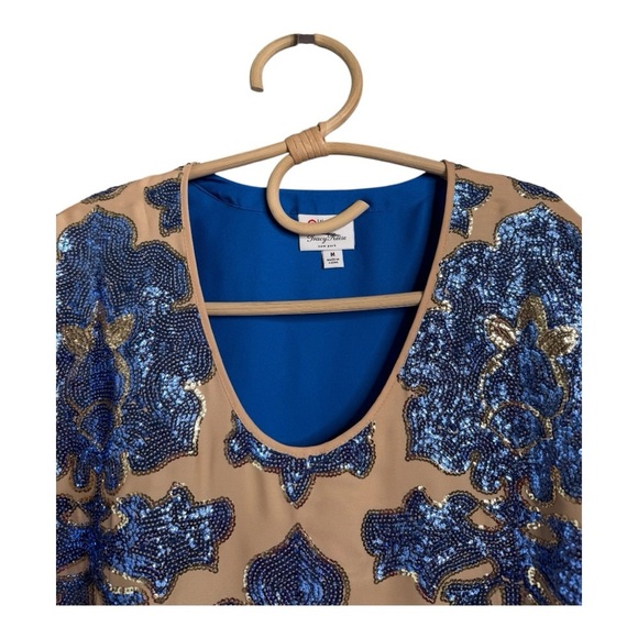 Tracy Reese Mixed Media Cap Sleeve Sequin Sheer Overlay Blue Tan Size M Neiman - Picture 7 of 14